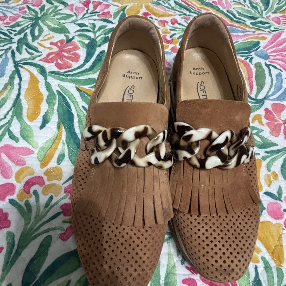Tan and Brown Loafers with Fringe and Perforated Pattern